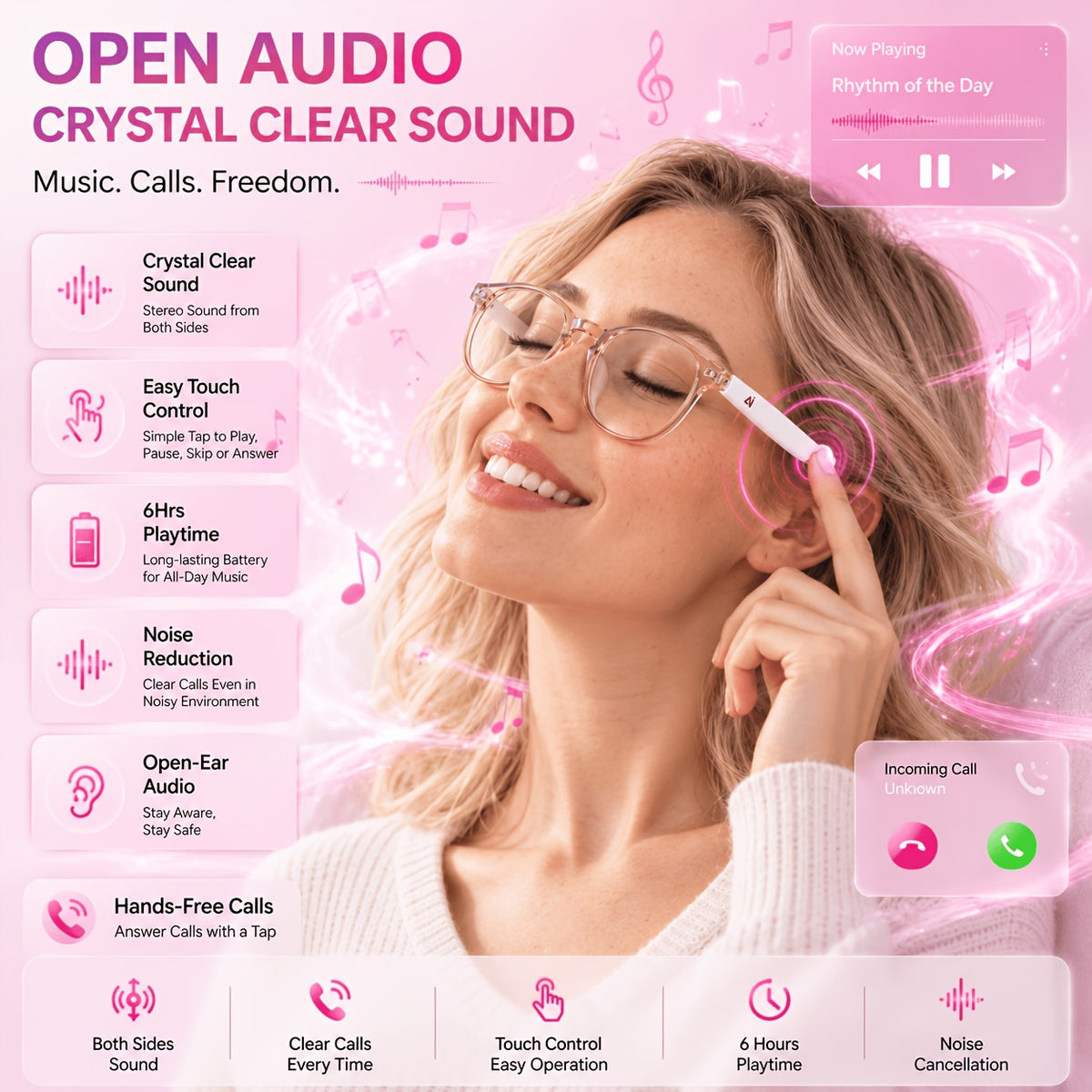Smart Audio Translation Glasses with Built-In Microphone and Speaker, M09A, YX04 and Translucent Pink Options for Travel Conversations, Calls and Office Use