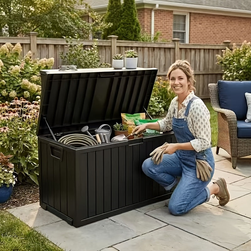 Flip-Top Patio Storage Box, Plastic Deck Organizer with Lockable Lid and Handle/Wheel References, Black 75 or Black 35 Model Options for Outdoor Essentials