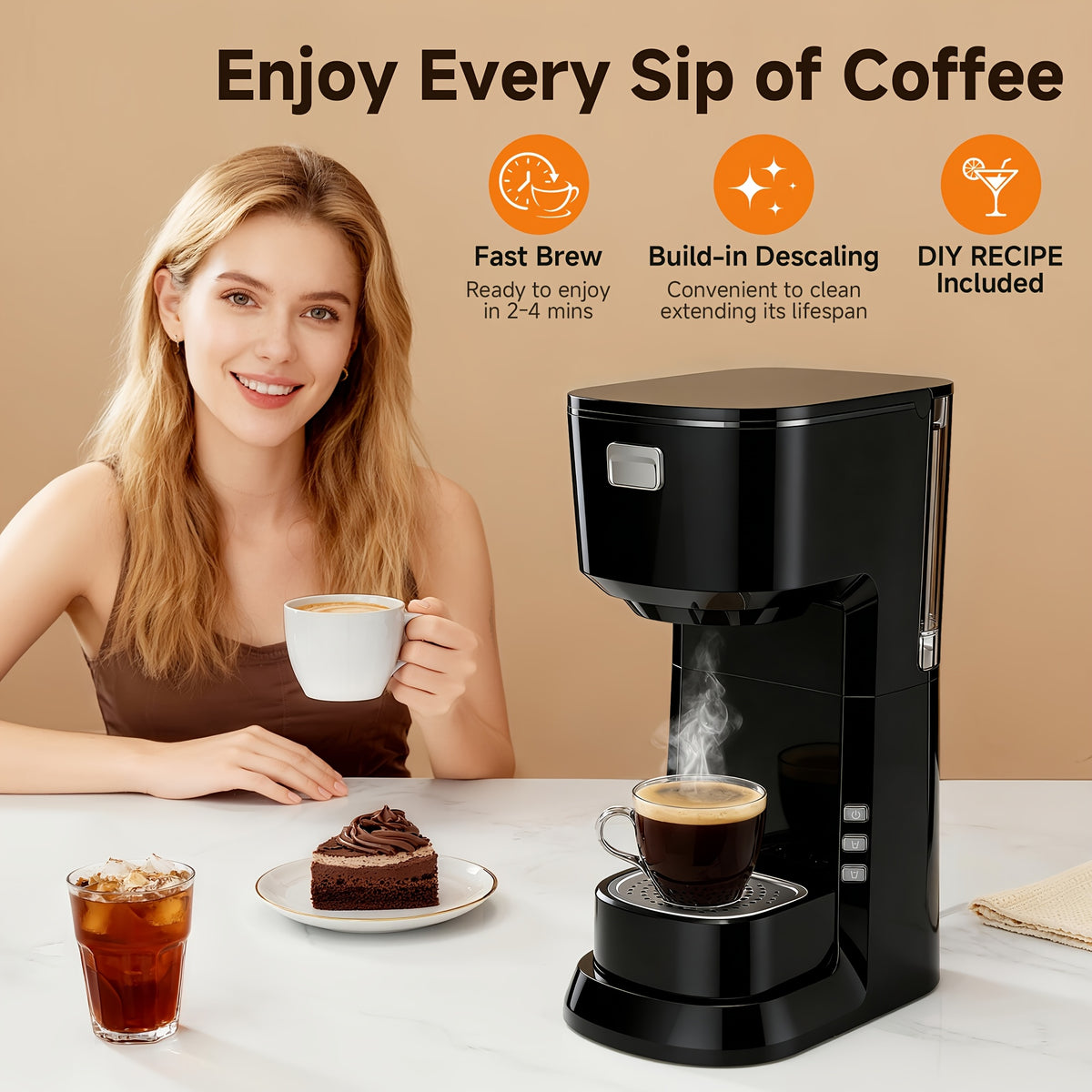 Compact One-Button Coffee Maker for Home, Everyday Coffee Machine with Simple Start Control in Black or White for Kitchen Counters and Morning Routines
