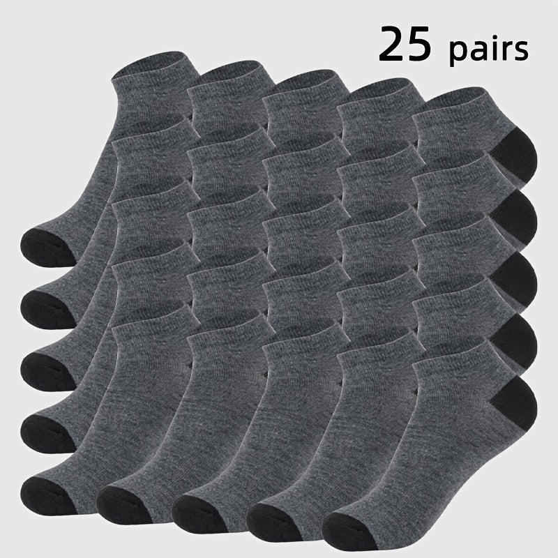 Men's Color-Block Sports Socks 25-Pair Pack with Breathable Low-Cut Design, Black or White One-Size Options for Athletic Shoes and Everyday Casual Wear