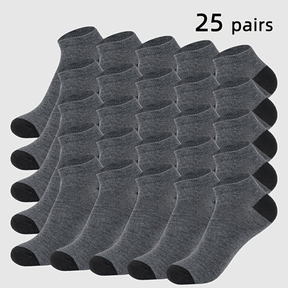 Men's Color-Block Sports Socks 25-Pair Pack with Breathable Low-Cut Design, Black or White One-Size Options for Athletic Shoes and Everyday Casual Wear