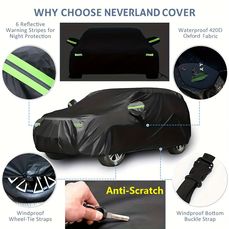 SUV Car Cover with Four Reflective Strips and Elastic Hem, Black Listed Six-Layer 190T Polyester Vehicle Cover in XL or XXL for Parked Storage