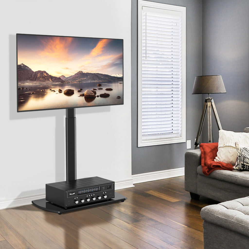 Swivel TV Floor Stand with Adjustable Height and Tempered Glass Base, Cable Management and Black or White Options for Compatible 32–65 Inch Television Setups
