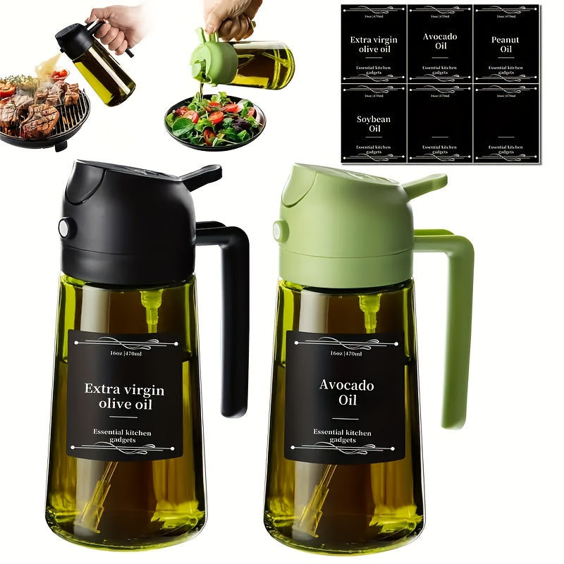 Glass Olive Oil Sprayer and Dispenser Set of 2, 2-in-1 Kitchen Bottles with Listed Automatic Flip Cap for Cooking and BBQ Prep, Random Olive Green or Clear Color