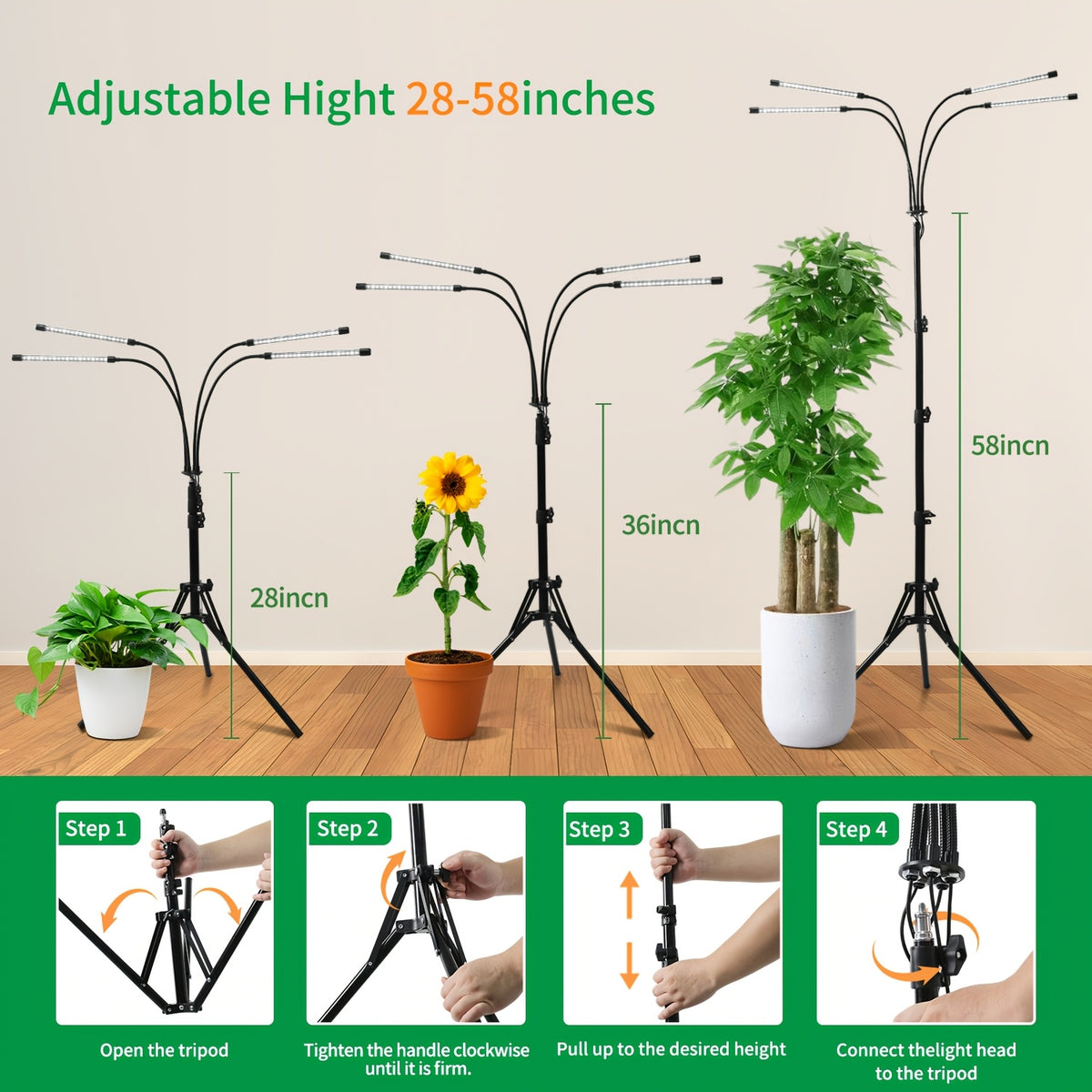 Floor Standing Grow Light for Indoor Plants with Four or Five LED Tubes, Adjustable Brightness and Listed 3, 9 or 12 Hour Timer Settings