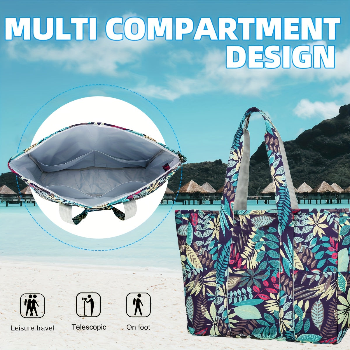 Beach Tote Bag for Women with Wet and Dry Pocket, Pool Swim Carry Bag for Summer Vacations and Travel in Blue Leaf, Red Leaf or Black