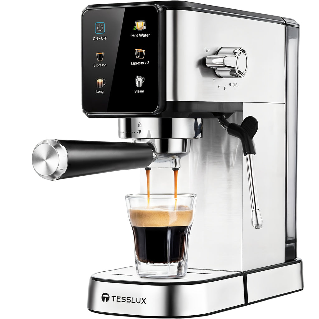 Touch Control Espresso Machine by TESSLUX, Listed 20 Bar Dual Boiler Coffee Maker with Milk Frother Wand in Silvery for Home Cappuccino and Latte Preparation