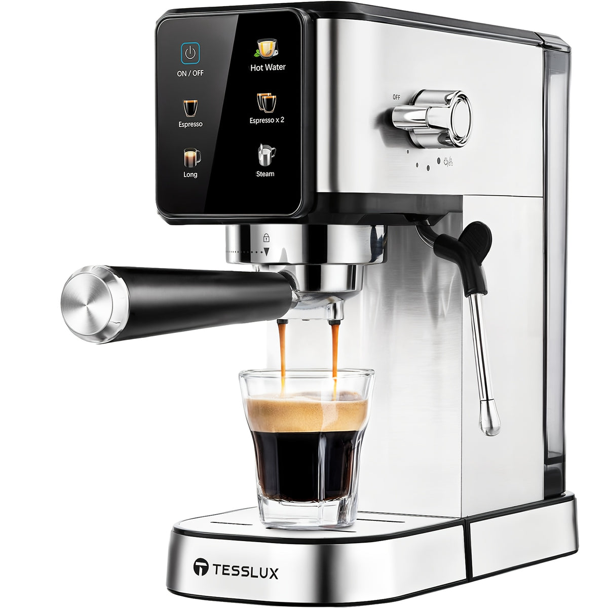 Touch Control Espresso Machine by TESSLUX, Listed 20 Bar Dual Boiler Coffee Maker with Milk Frother Wand in Silvery for Home Cappuccino and Latte Preparation
