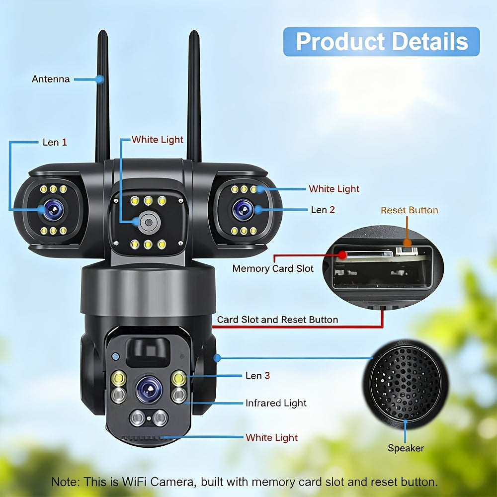 Solar WiFi Security Camera with Three-Lens Design, Listed 4K Pan-Tilt View, PIR Human Alerts and Two-Way Audio in Standard or Plus 32GB Package Labels