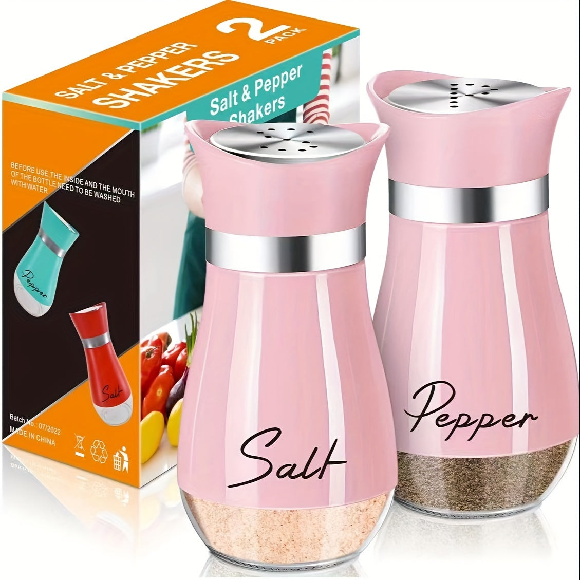 Salt and Pepper Shakers with Glass Bottoms and Stainless Steel Lids, Nine Color Set Options for Everyday Table Seasoning, Kitchen Dining, RV Meals and Barbecues