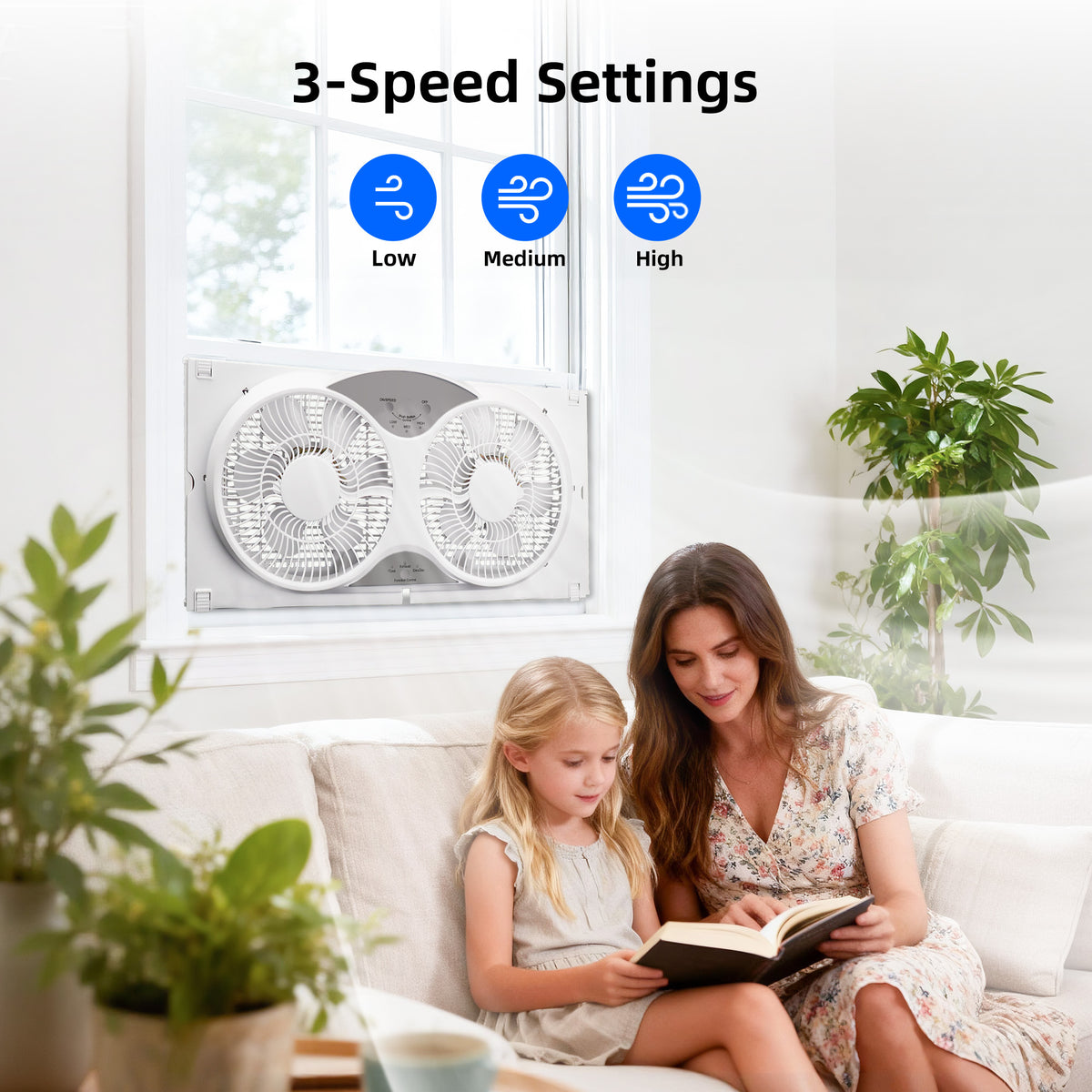 Twin Window Fan with 9-Inch Design, Reversible Airflow and Three Speeds, Listed 23.8-37 Inch Expandable Width with Remote or Timer Options for Home Bedrooms
