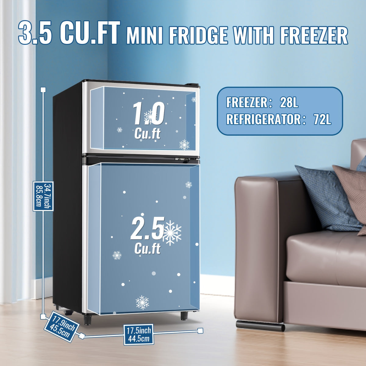 Two-Door Compact Fridge with Freezer, Silvery 2.5 or 3.5 Cu Ft Options with Seven-Level Thermostat and Removable Shelves for Dorm, Office and Bedroom Storage