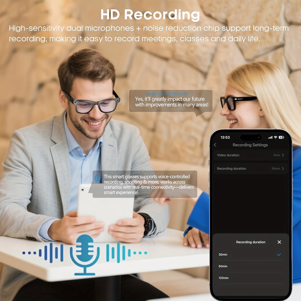 Camera Audio Smart Glasses with Replacement Lenses, Listed AI Translation, Object Recognition, Voice Assistant, Calls and Music for Everyday Wearable Use