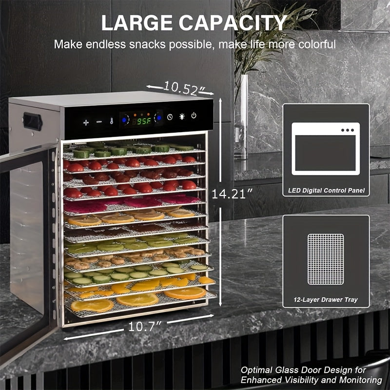 12-Tray Food Dehydrator, 800W Stainless Steel Food Dryer with 24-Hour Digital Timer and Adjustable Temperature for Fruit, Herbs, Vegetables and Jerky