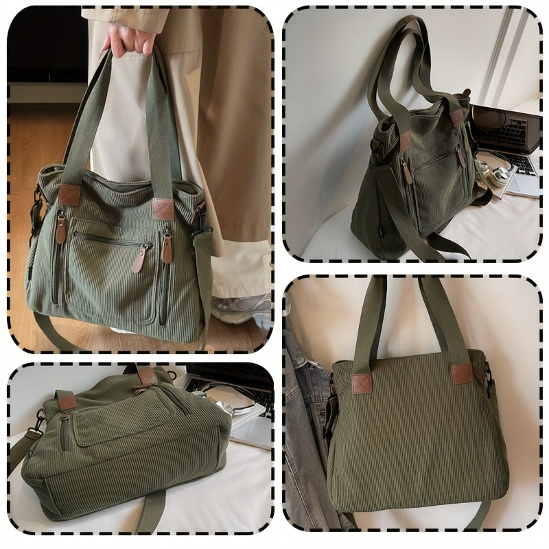Retro Workwear Corduroy Handbag with Multiple Pockets, Women's Adjustable-Strap Shoulder and Crossbody Bag in Black, Grey or Green for Daily Commuting
