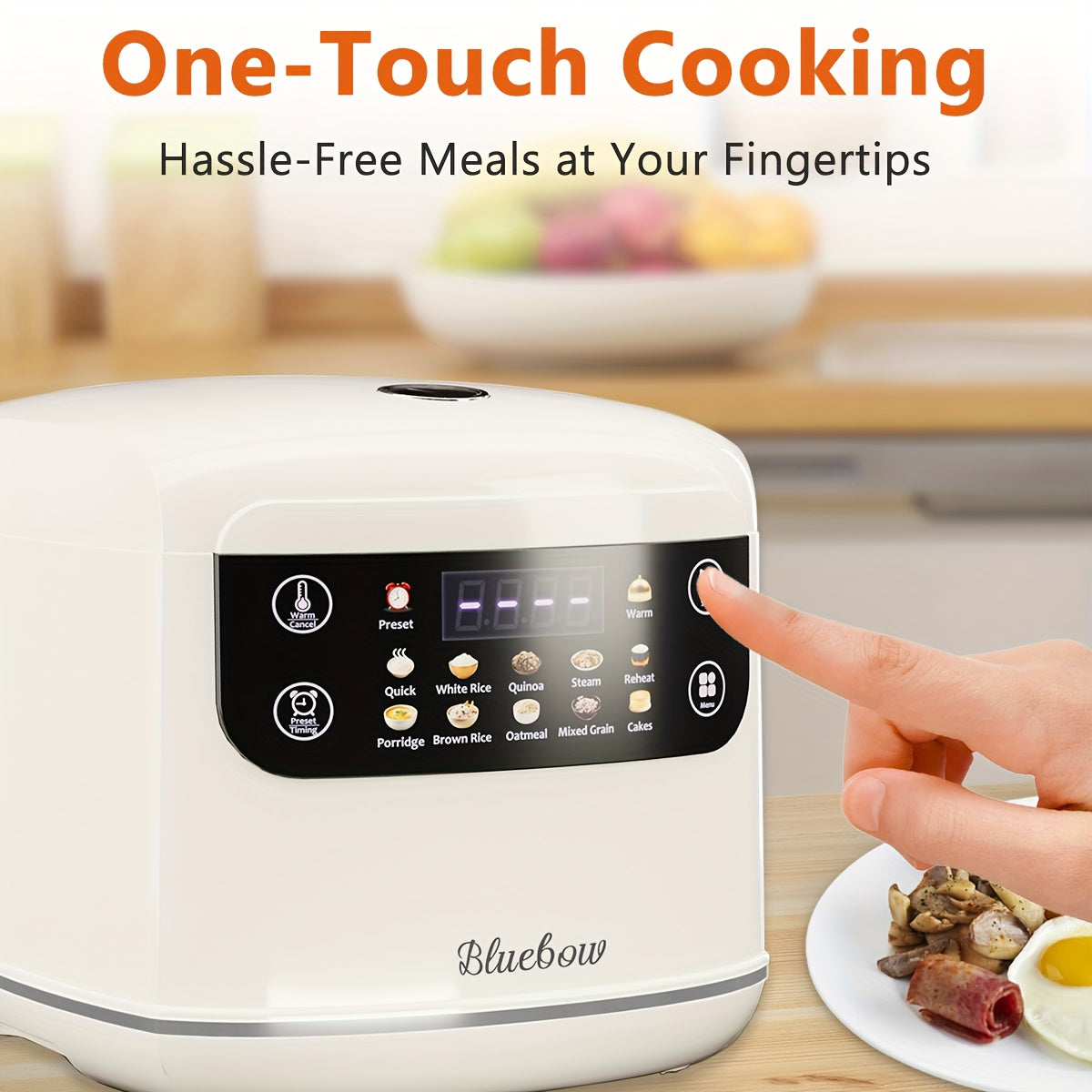 White LCD Rice Cooker by Bluebow with Listed 2L Capacity, Ten Menu Options, Nonstick Aluminum Inner Pot, Automatic Keep Warm and 24-Hour Delay for Small Households