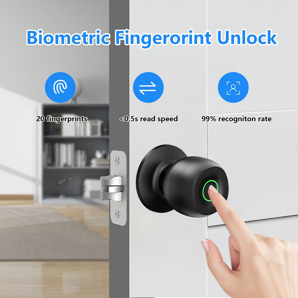 Biometric Smart Door Knob Lock in Black with Fingerprint Entry, App-Controlled Wireless Connection and Physical Key Access for Compatible Bedroom, Home and Office Doors