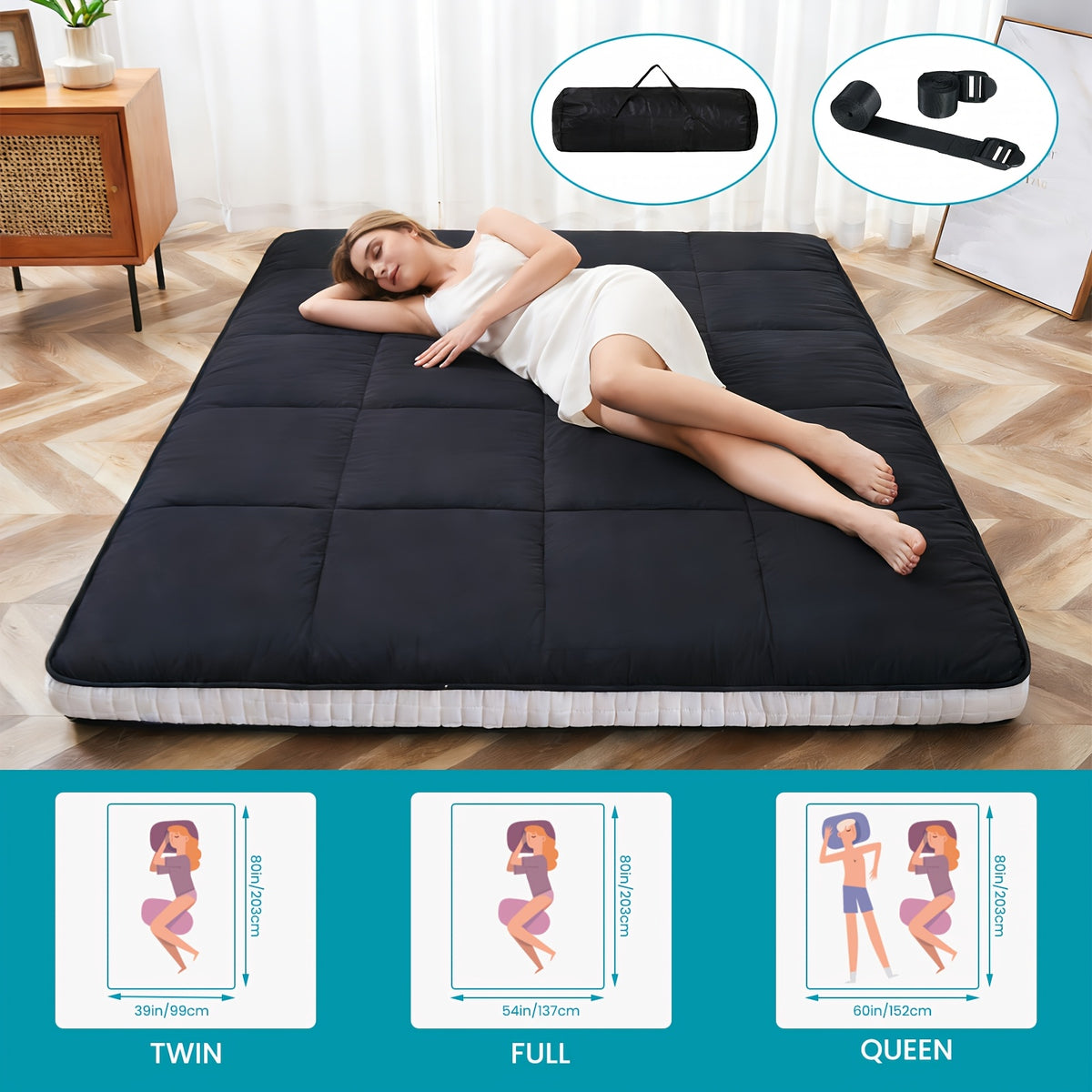 Japanese-Style Floor Mattress by LILYPELLE with Foldable Roll-Up Design, Black or Grey in Twin, Full and Queen Options for Guest Bedding and Floor Lounging
