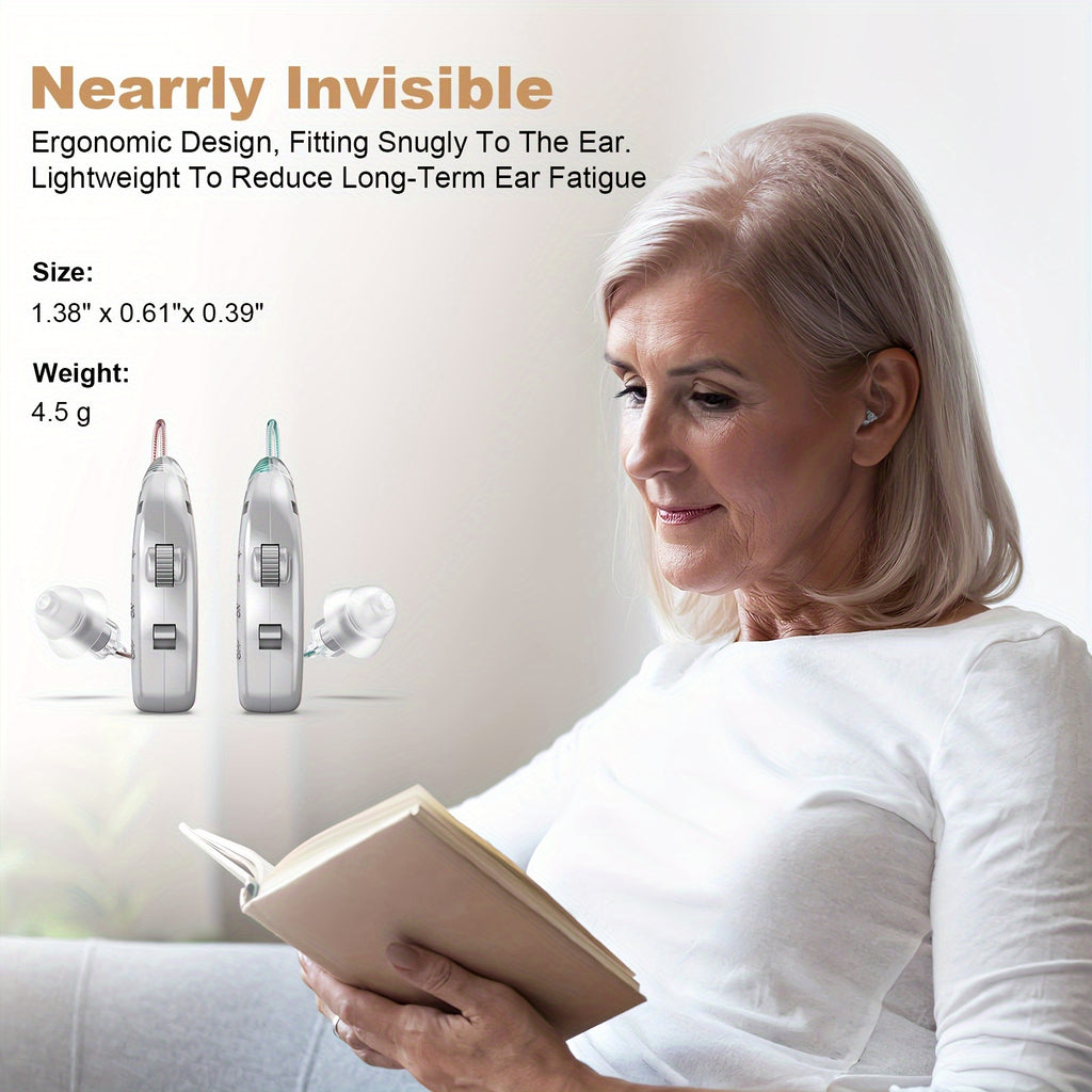 Rechargeable Hearing Amplifier with Listed Magnetic Charging Case, Silicone Ear Tips and Adjustable Listening Wording in TM802 Brown or Silvery Options for Adults