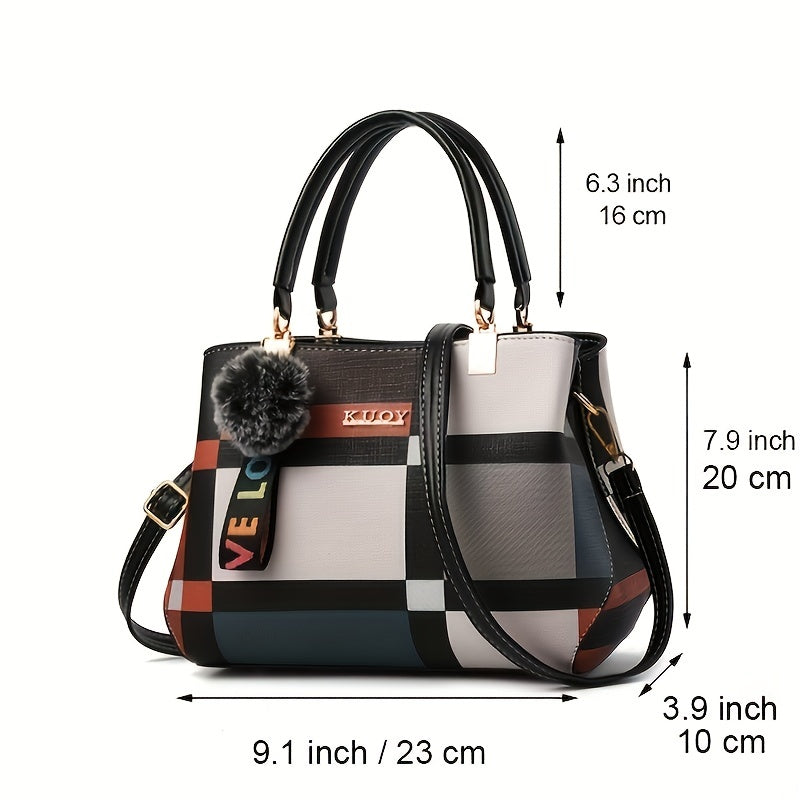 Plaid Colorblock Satchel Purse with Plush Ball Pendant, Burgundy or Black Handbag with Tote and Crossbody Styling References for Everyday Outfits and Casual Occasion Accessories