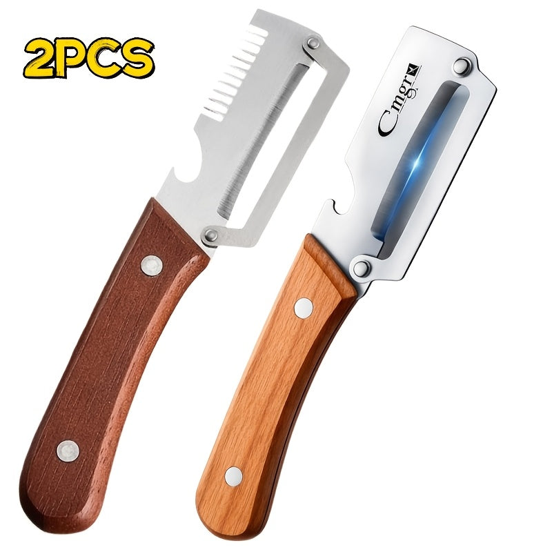 Wooden Handle Vegetable Peeler Set, Two-Piece Stainless Steel Blade Kitchen Tools with Listed Bottle Opener Function for Potatoes, Apples and Zucchini