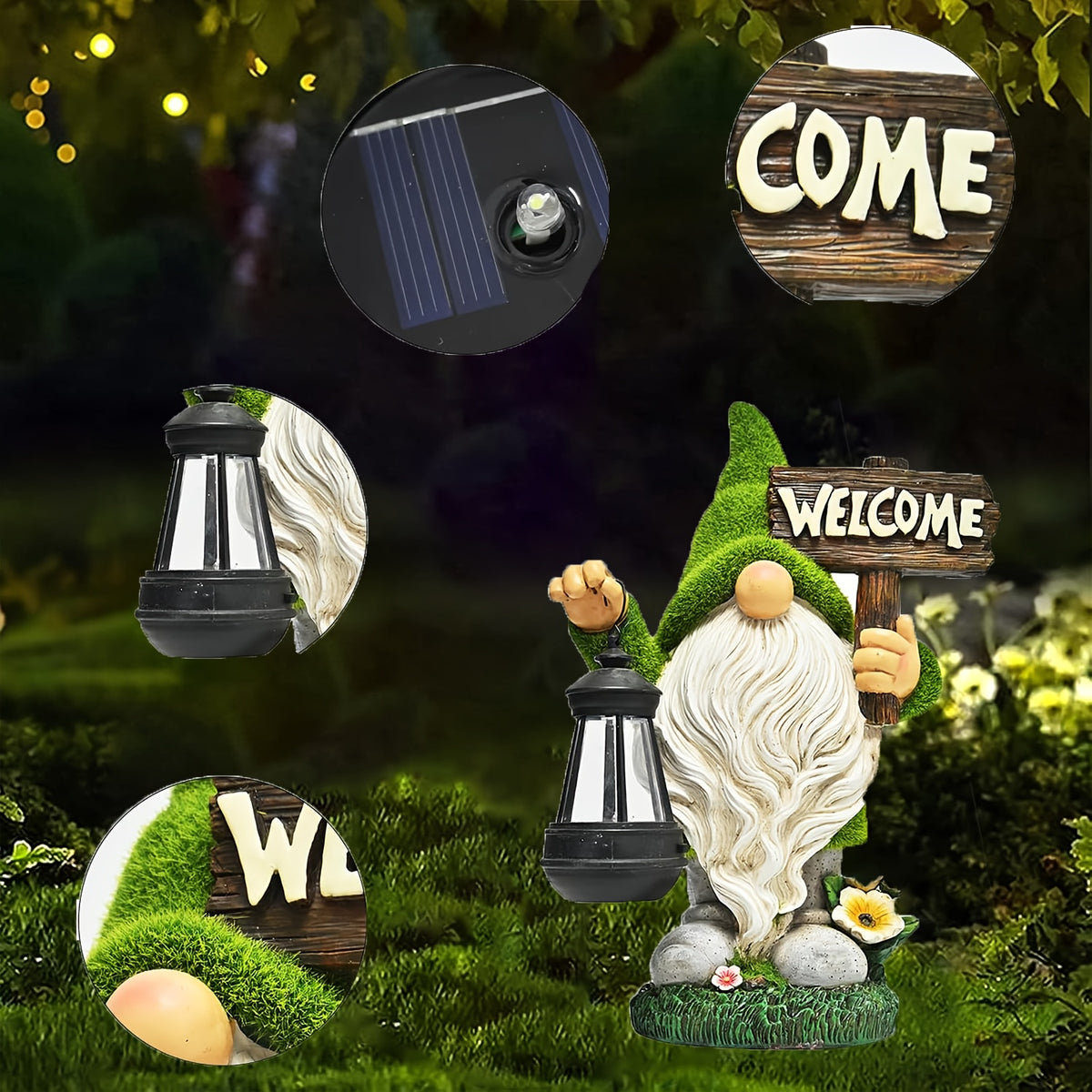 Garden Gnome Statue in Green with Flocked Resin Wording, Solar Lantern and Welcome Sign References for Decorative Porch, Patio and Garden Displays