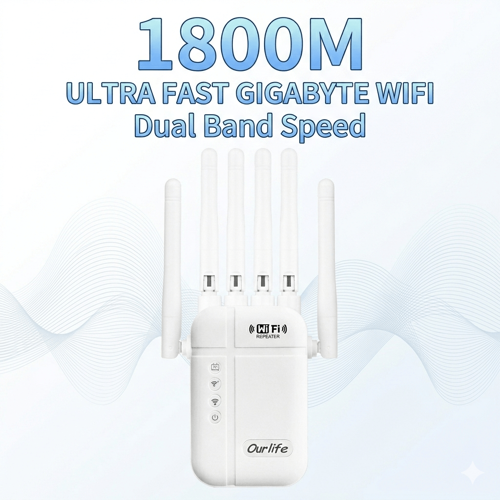 Six Antenna WiFi Repeater with Ethernet Port and One-Click Setup, Listed 1800Mbps Advanced Signal Booster for Compatible Home Wireless Network Extension