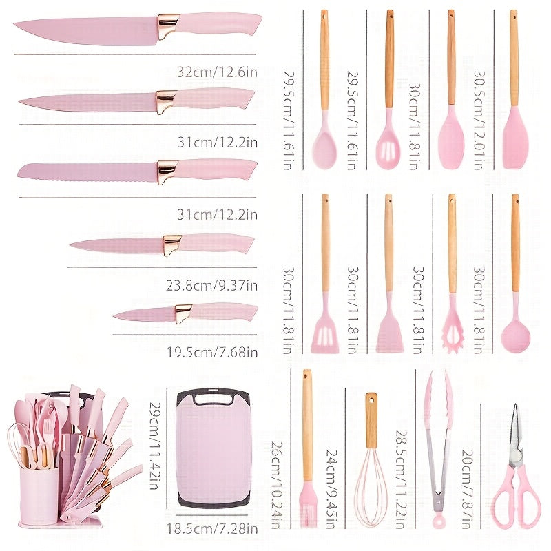 Cooking Utensil and Knife Set for Home Kitchen Preparation, Multiple Color Choices with Selected Pink or Black Square-Barrel and Gift Box Options