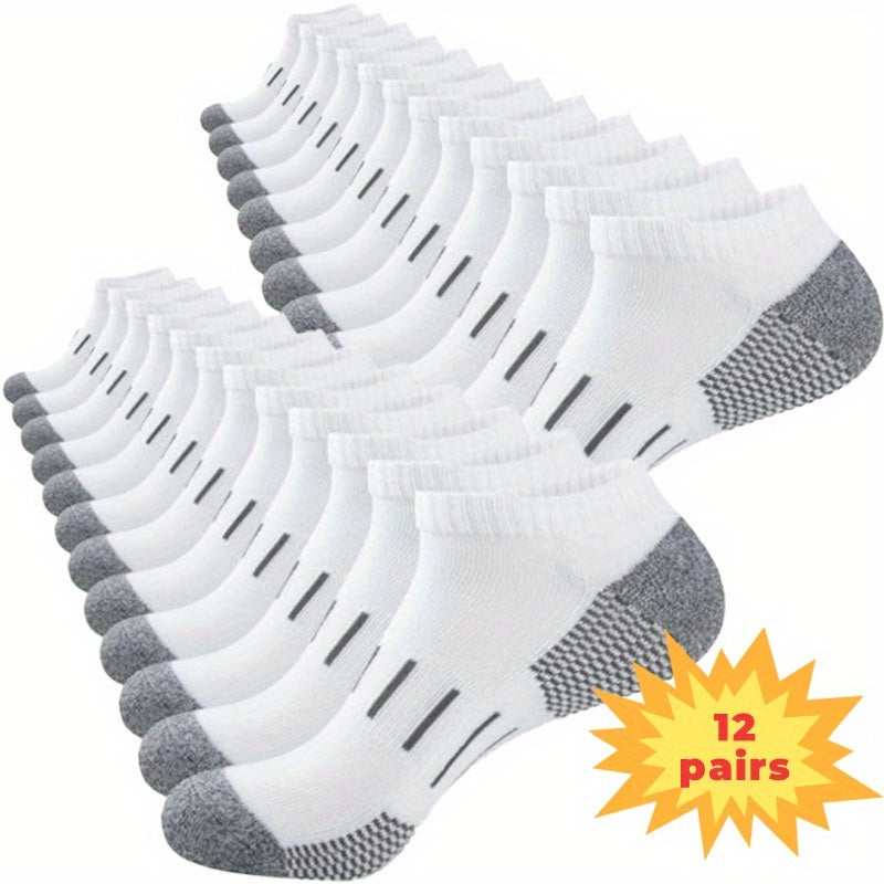 Men's Cushioned Low-Cut Socks 12-Pair Pack, 100% Polyester Knit Casual Socks in Black or Dark Gray with One-Size Label for Everyday Shoe Pairing