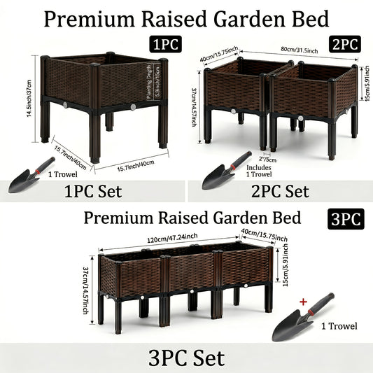 Elevated Plastic Planter Box Set with Legs, Two Raised Garden Beds with Listed Shovel for Outdoor Herb Growing, Vegetable Planting and Home Garden Projects