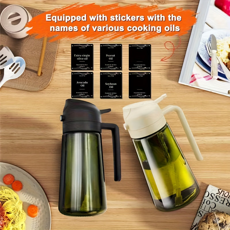 Olive Oil Sprayer and Dispenser Bottle, Listed 16 Oz Dark Green Glass with Black Cap and Six Stickers for Two-in-One Pouring and Cooking Oil Spray in Kitchen and BBQ Prep