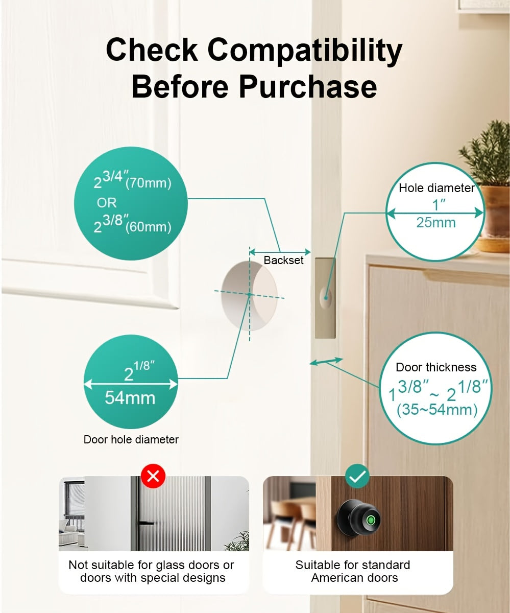 Rechargeable Smart Door Knob with Fingerprint, App and Physical Key Access, Entrance, Passage and Privacy Modes, K10 Finish Options
