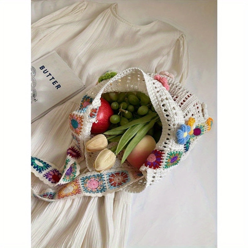 Boho Messenger Bag for Women with Hollow Flower Details and Contrast Fabric, Vintage-Inspired Casual Purse with Button Accents, No Closure and Seven Option Labels