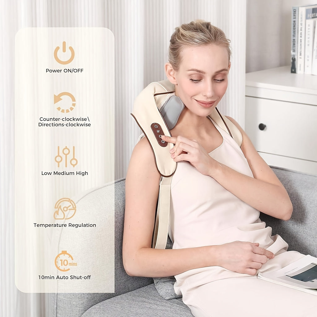 Six-Node Kneading Neck Massager with Listed Heating and Wireless Shiatsu Design, Beige or White Personal Massage Device for Instruction-Guided Comfort Routines