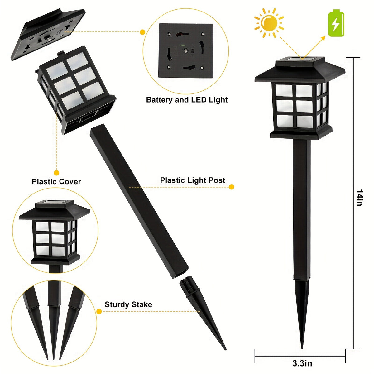 White-Light Solar Pathway Lights, Listed 12-Piece Outdoor LED Set with Automatic On-Off for Garden Paths, Lawn Borders, Patio and Yard Landscape Decoration
