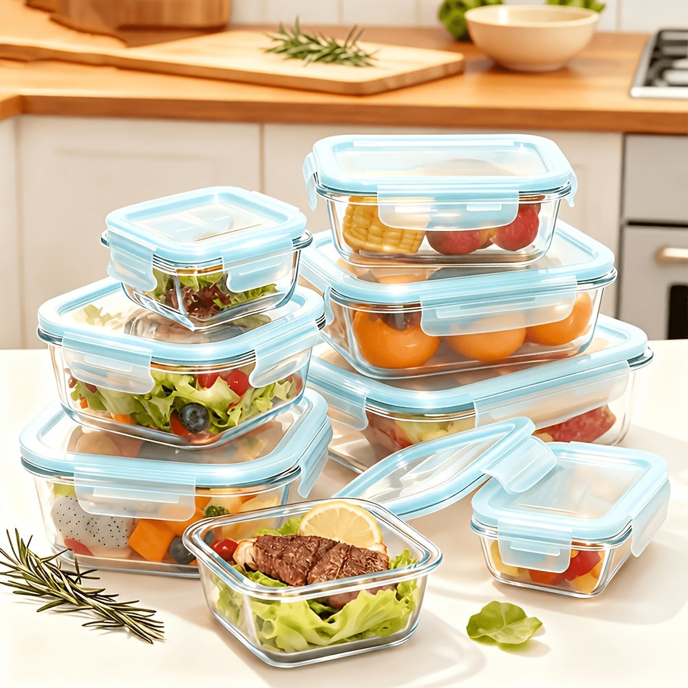 Glass Food Storage Container Set with 8 or 10 Containers and Matching Lids, Blue, Pink or Green Options for Lunch Portions and Refrigerator Organization