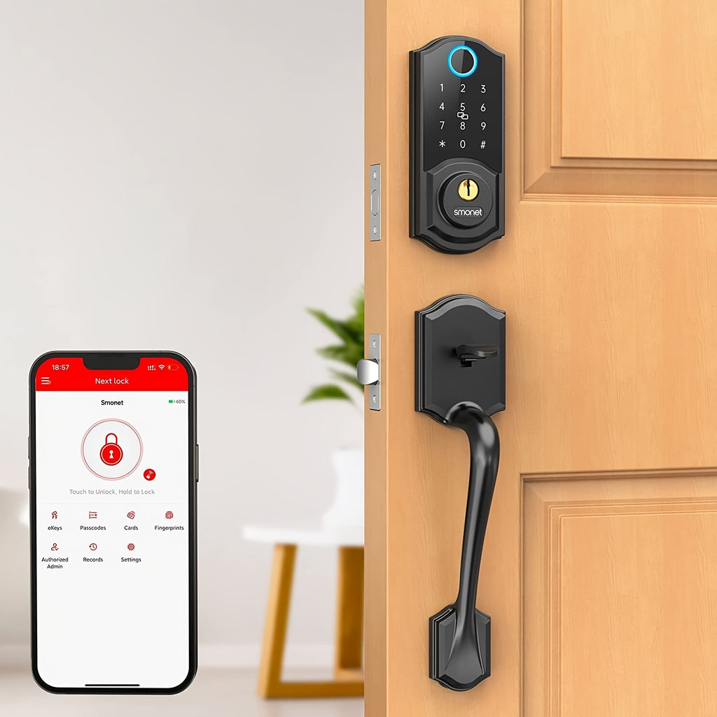 SMONET Fingerprint Deadbolt and Handle Set with Bluetooth, Digital Keypad, Phone App and Auto-Lock Wording, Black, Silvery or Oil Rubbed Bronze Options
