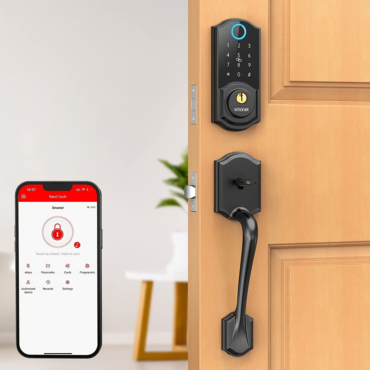 SMONET Fingerprint Deadbolt and Handle Set with Bluetooth, Digital Keypad, Phone App and Auto-Lock Wording, Black, Silvery or Oil Rubbed Bronze Options