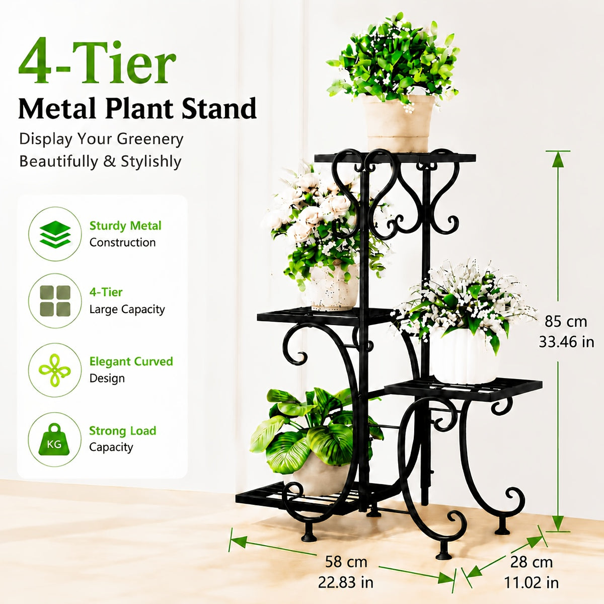 Metal Plant Stand with Listed Four-Tier Flower Pot Display, Decorative Curves and Adjustable Foot Pads in 940 Black or 941 Black Options for Home and Balcony Decor