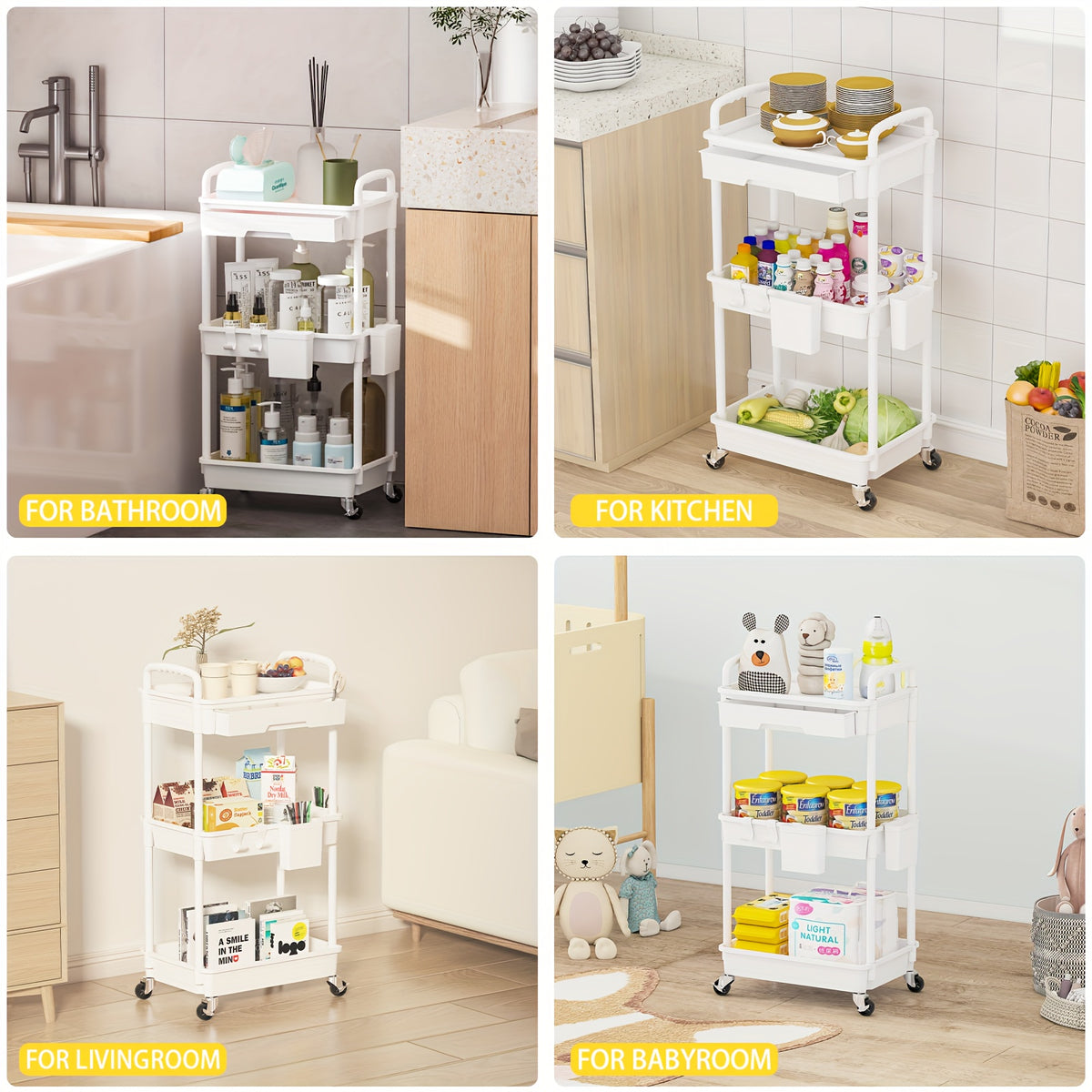 Three-Tier Rolling Storage Cart with Drawer, Plastic Organizer with Lockable Wheels, Listed Cup Holders and Hooks in Five Colors for Kitchen, Bathroom and Office