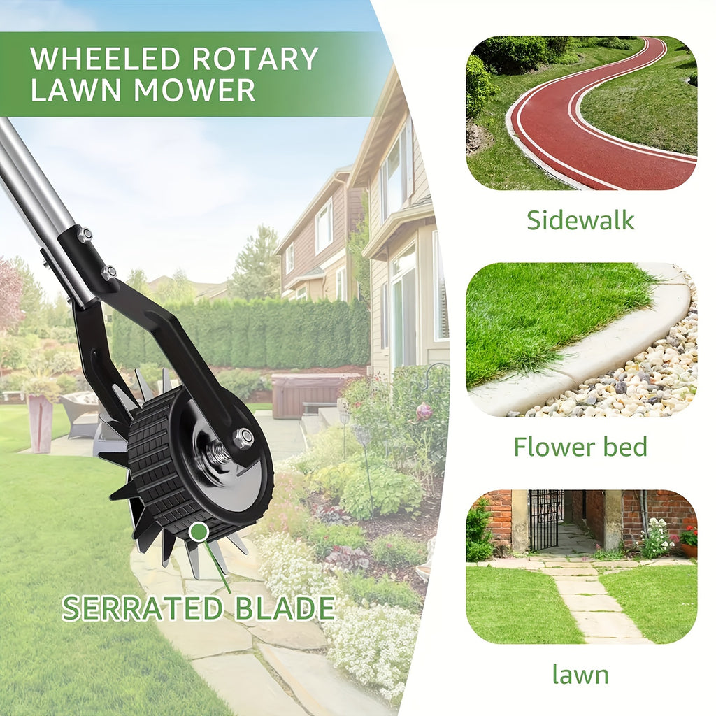 Manual Wheeled Lawn Edger by Sakerplus with Stainless Steel Sectional Handle, Three or Four Pole Sections for Garden Borders and Sidewalk Grass Trimming