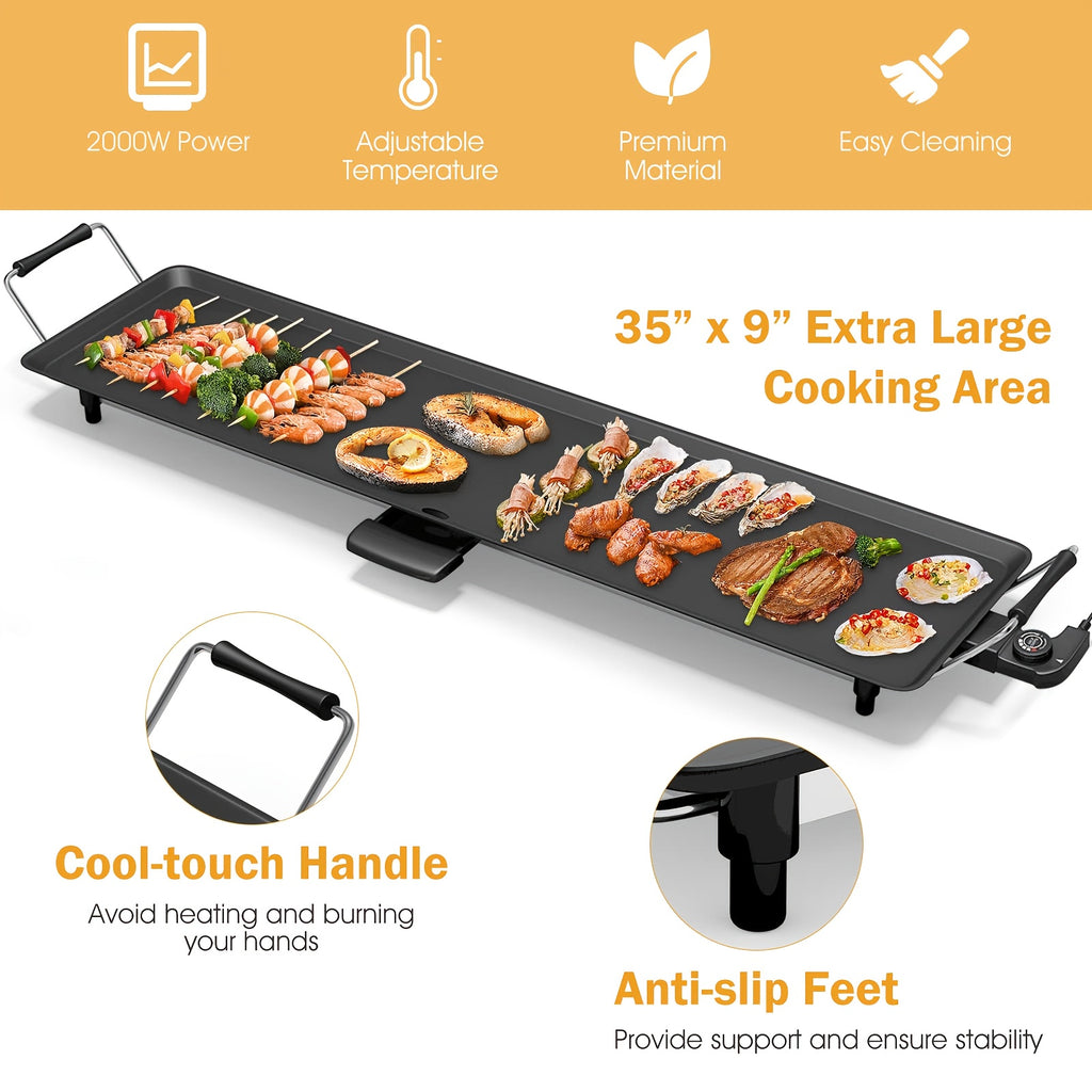 Electric Griddle 35-Inch Extra-Long Nonstick Grill with Adjustable Temperature and Drip Tray for Pancakes, Steaks and Family Meals, Gift Bag Included