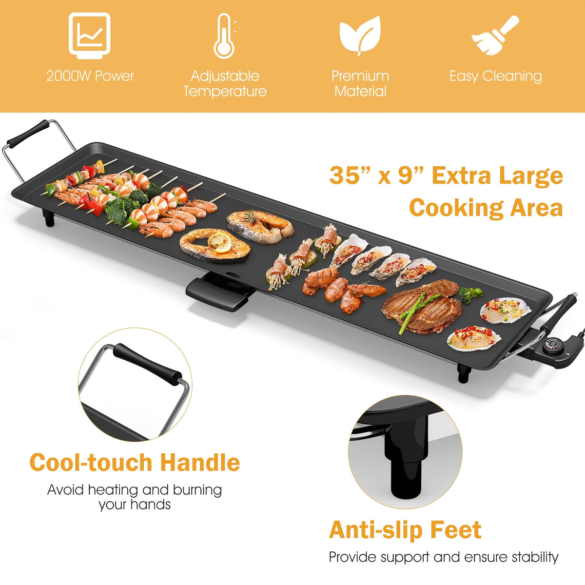 Electric Griddle 35-Inch Extra-Long Nonstick Grill with Adjustable Temperature and Drip Tray for Pancakes, Steaks and Family Meals, Gift Bag Included