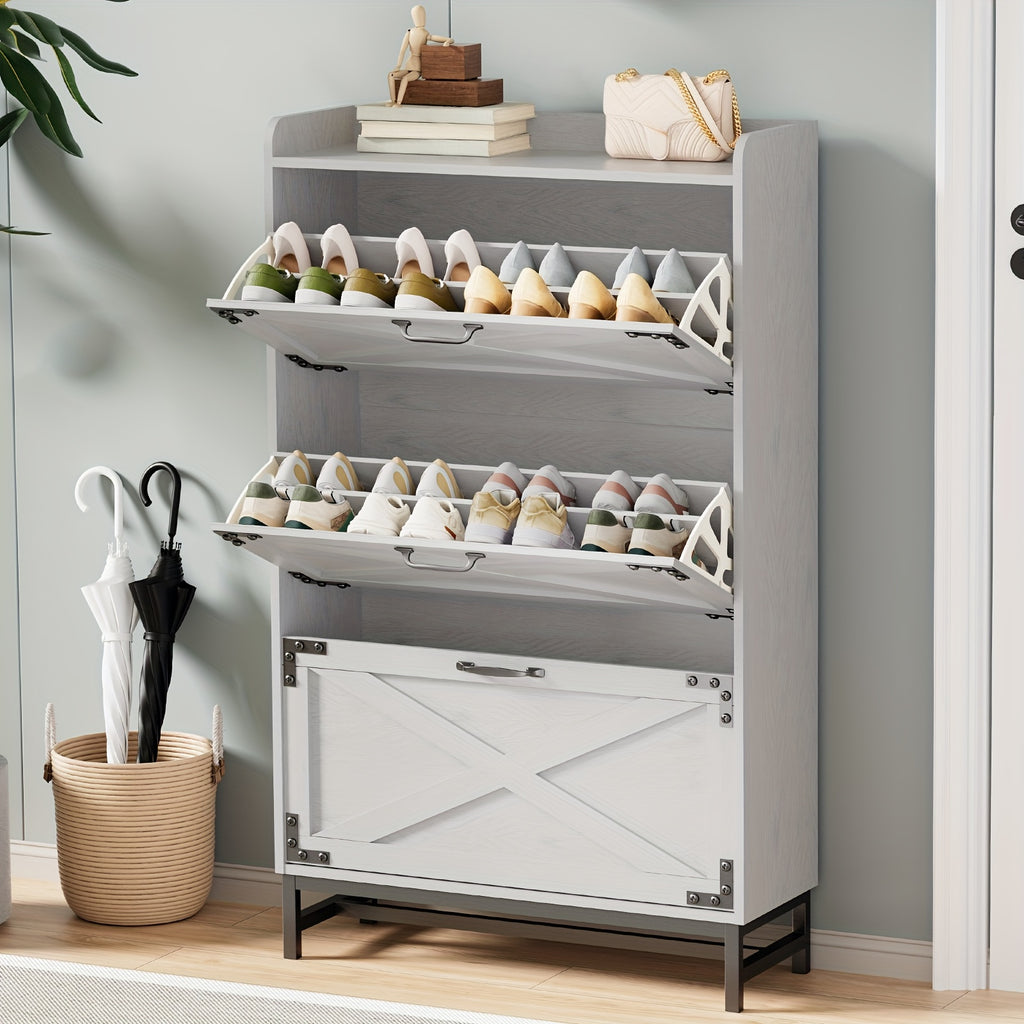 Shoe Storage Cabinet for Entryway and Hallway Organization, Black Upgrade or White Two, Three and Four-Door Options with Listed Flip-Drawer Storage Features