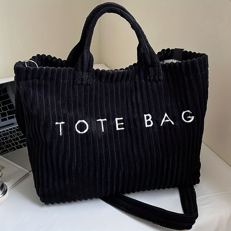 Large Capacity Corduroy Tote Bag for Women with Adjustable Shoulder Strap, Letter Pattern and Contrast Design for Work and Casual Crossbody Wear
