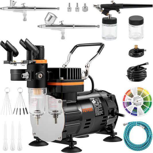 Compressor Airbrush Kit by VEVOR with Listed Dual-Action Gravity Feed Brushes, 0.2, 0.3 and 0.8mm Sizes and 120V 120W Power for Compatible Art and Model Painting