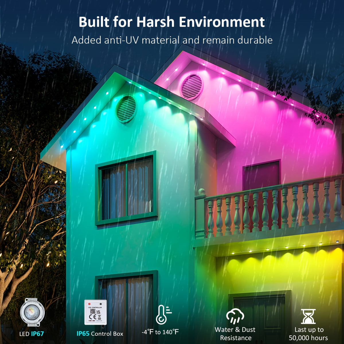 RGB Multicolor Eaves Lights with App and Remote Control, Music Sync, Timer and Dimming, 49ft, 100ft or 200ft for Outdoor Holiday House Decor