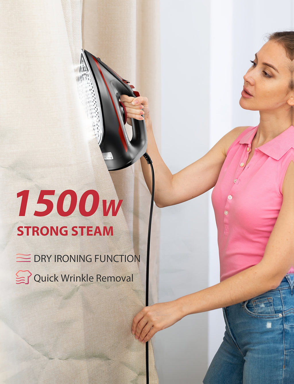 Ceramic Soleplate Steam Iron by Sundu, 1500W Red Clothes Iron with Thermostat Dial, Self-Cleaning and Auto-Off, 11.83oz Capacity Option for Home Garment Care