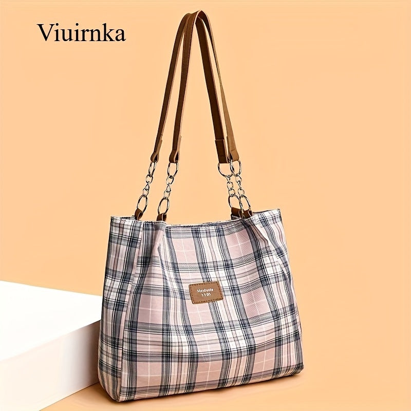 Oversized Plaid Tote Bag for Women, Spacious Shoulder Handbag for Work, School and Everyday Essentials with Classic Check Pattern Styling