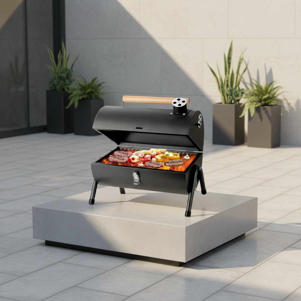 Barrel Charcoal BBQ Grill, Compact Foldable Black Outdoor Barbecue with Listed Double-Sided Griddle for Camping Meals, Picnic Cooking and Backyard Gatherings
